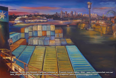 plein air oil painting of 'Maersk Gateshead' at temporary cruise ship facility Barangaroo by Artist Jane Bennett